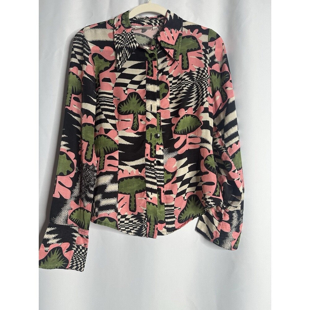 Untitled in Motion Lelakii Blouse Pink Green Black Abstract Print Sz M